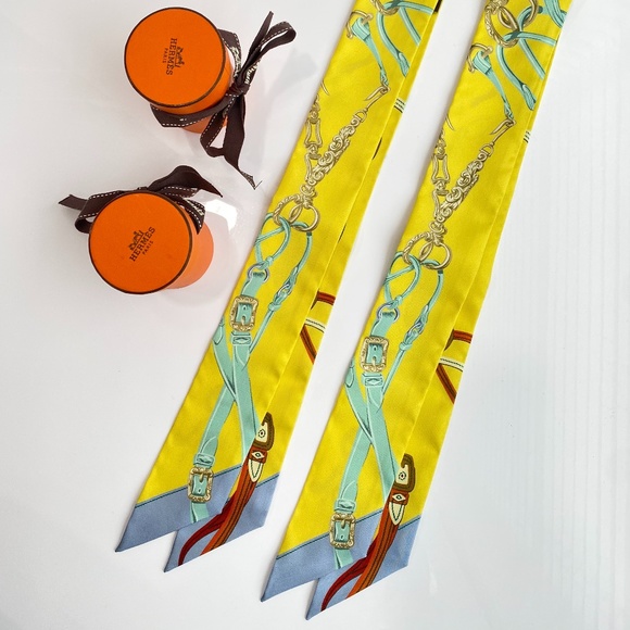 HERMES SILK YELLOW BEIGE BROWN BLUE Bandeau TWILLY WRAP - Picture 10 of 16